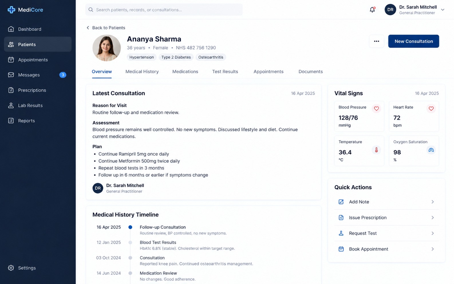 Patient consultation summary with medical history timeline