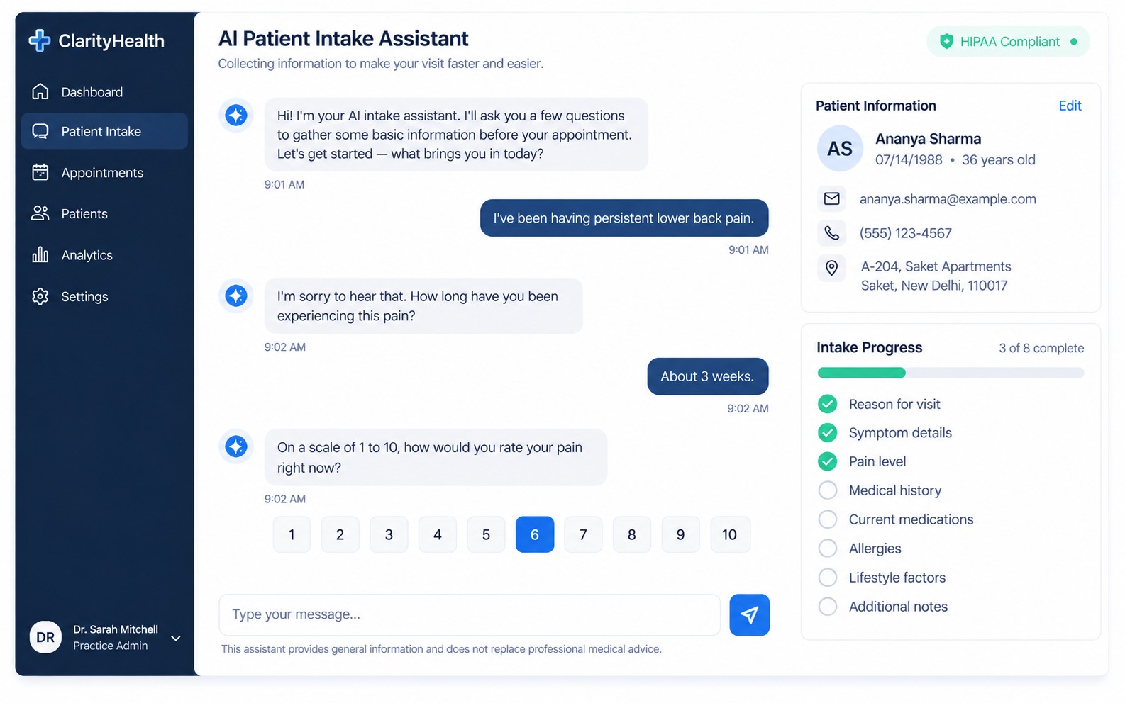 AI intake assistant collecting a patient's symptoms
