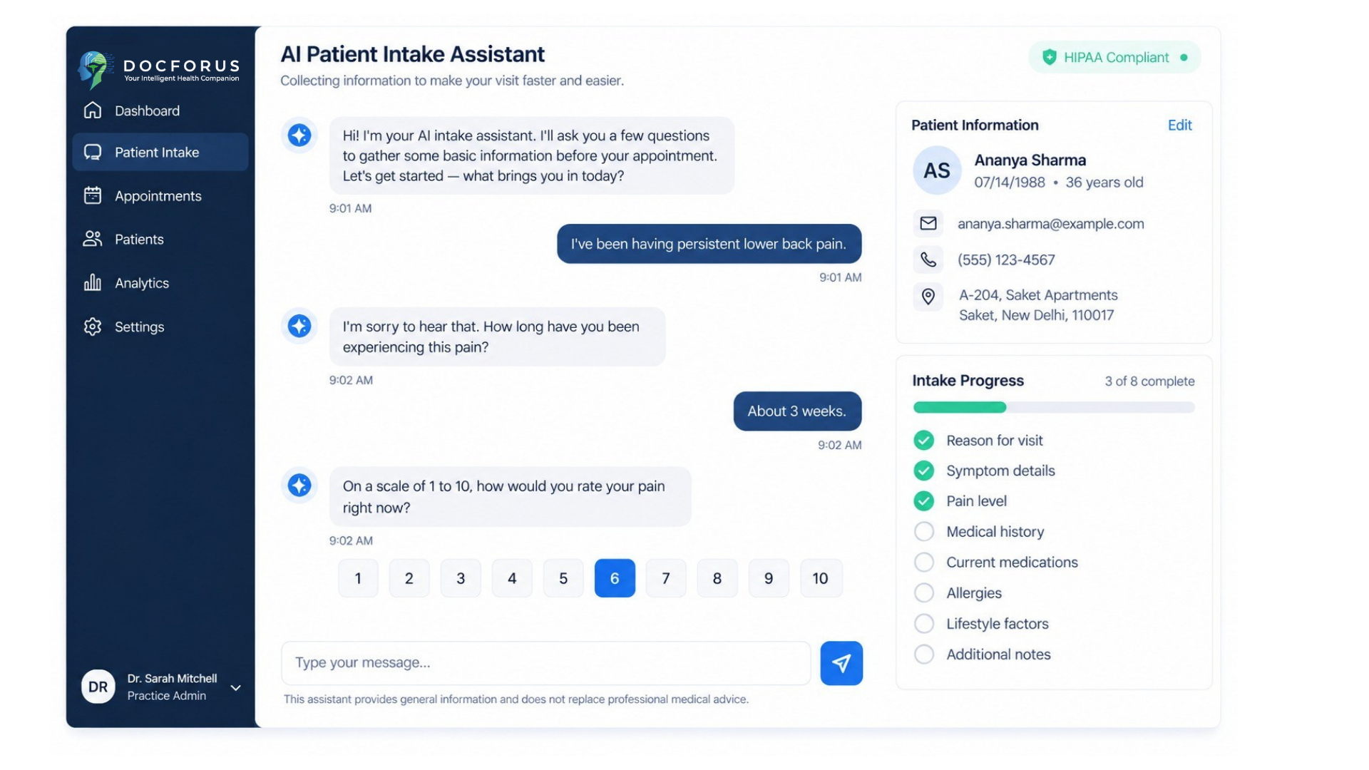 AI intake assistant collecting a patient's symptoms