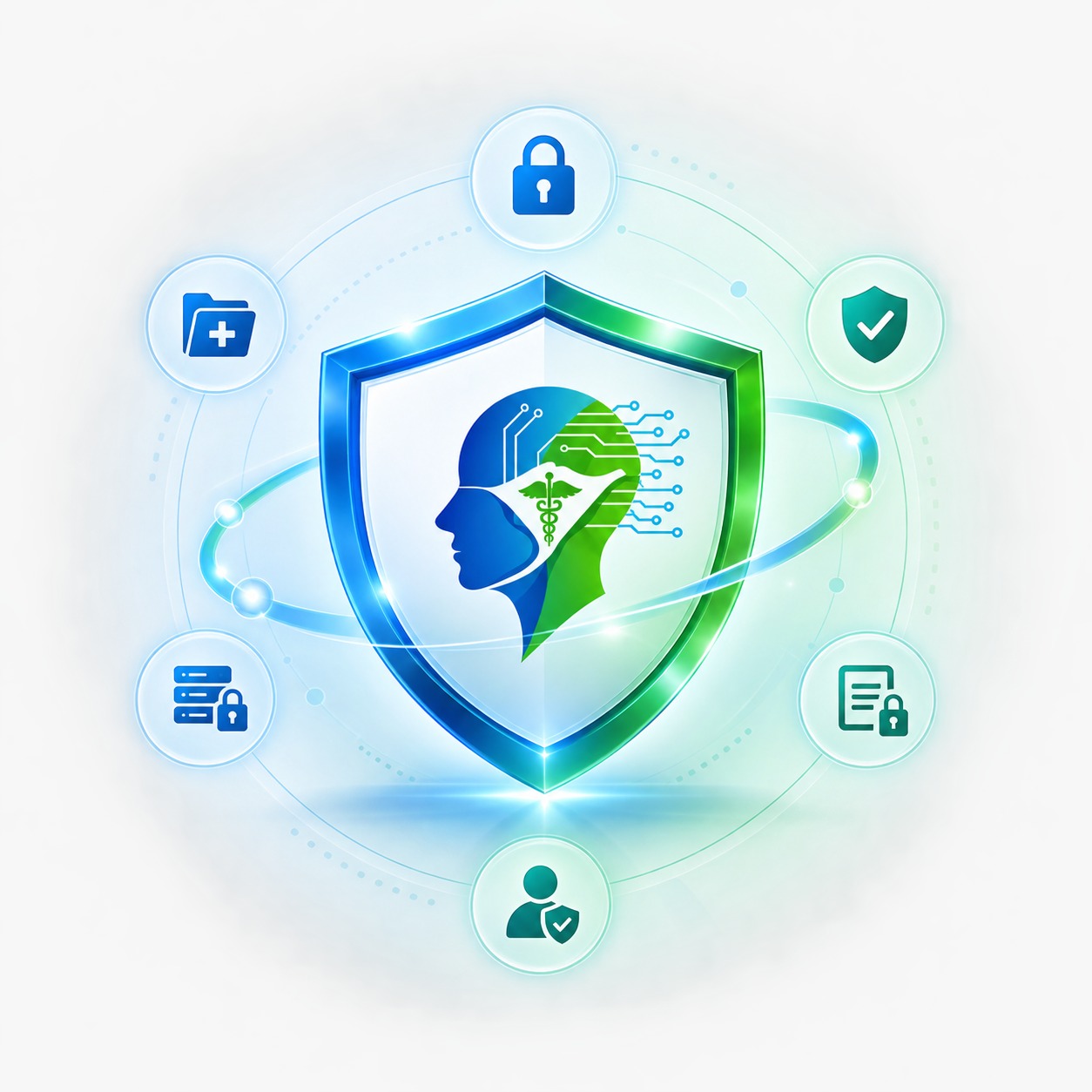 Healthcare data security shield with privacy and compliance symbols